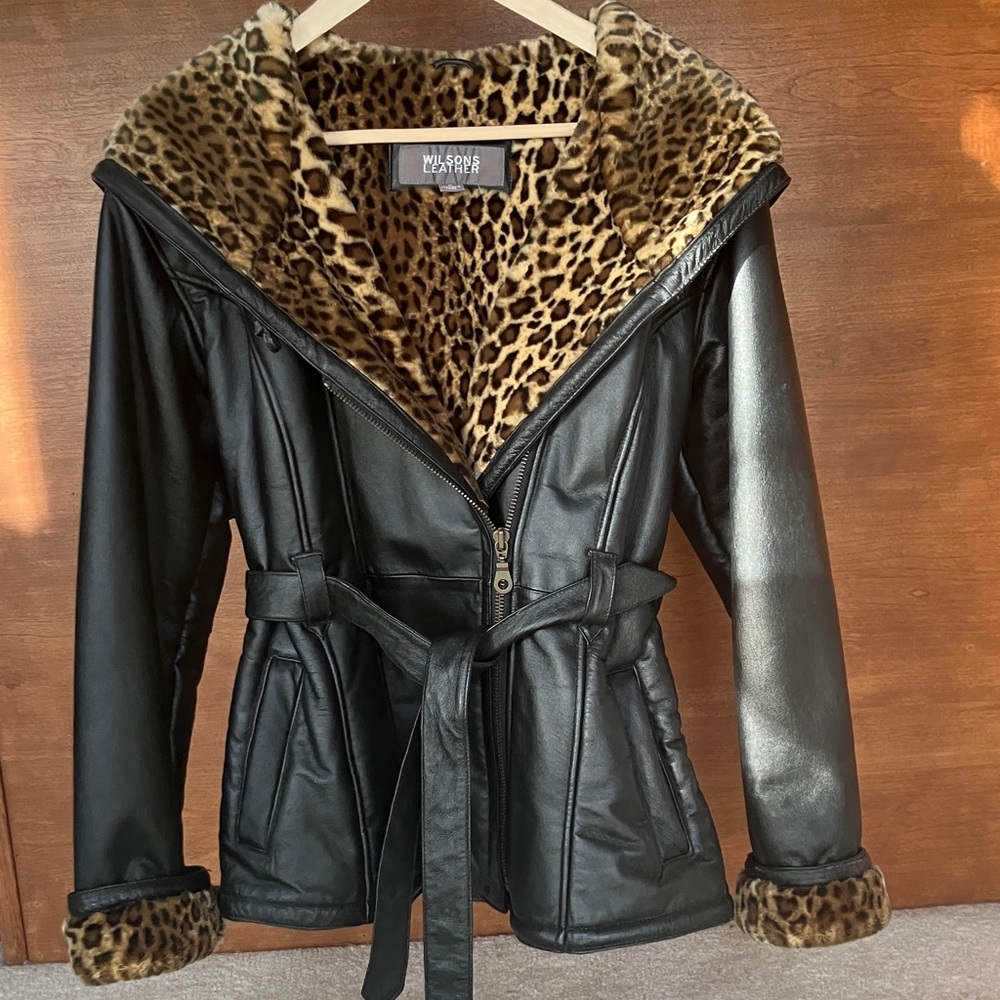 Wilsons Leather Black Jacket with Leopard Print Lining